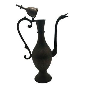 Vintage Brass Coffee Teapot Pitcher 9"x 15" Brown Ornate Etched Gooseneck